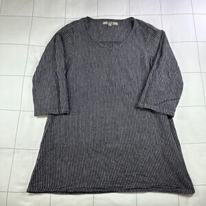 Flax Top Womens XS Black Gray Linen Striped V Neck 3/4 Sleeve Tunic Relaxed Boho